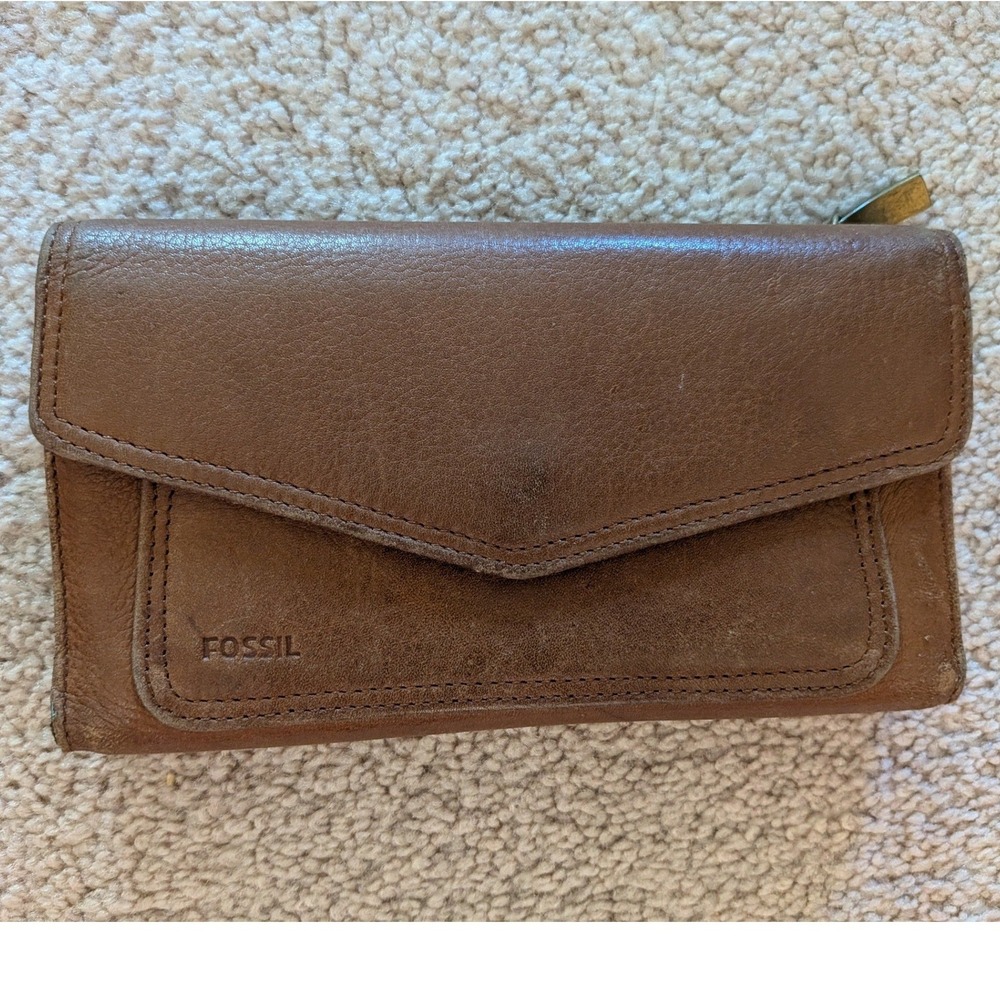 Vintage Fossil Brown Pebbled Leather Trifold Clutch Wallet Brass Hardware